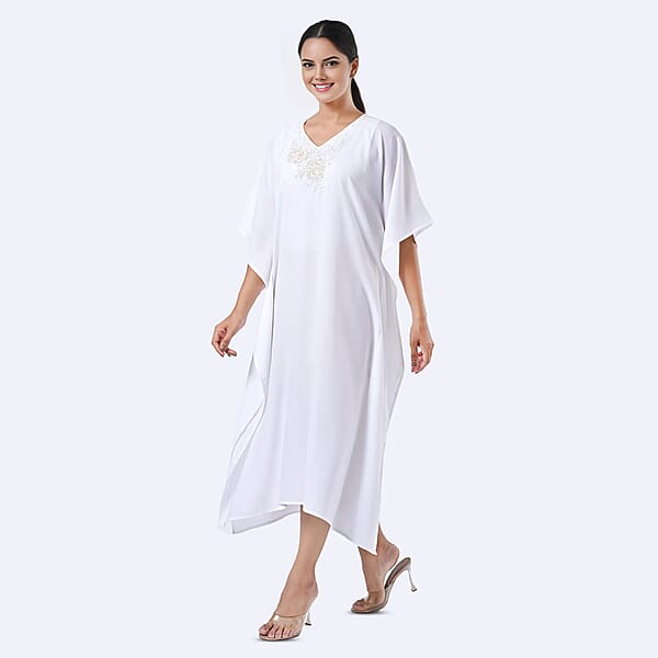 Shop Lc Tamsy White Bead And Crystal Polyester Crepe Kaftan - One Size Fits Most