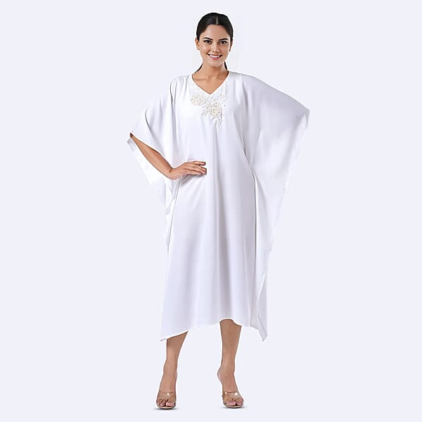 Shop Lc Tamsy White Bead And Crystal Polyester Crepe Kaftan - One Size Fits Most