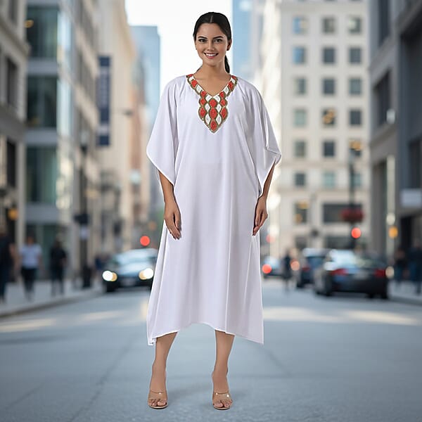 Shop Lc Tamsy White Orange Bead And Crystal Polyester Crepe Kaftan - One Size Fits Most