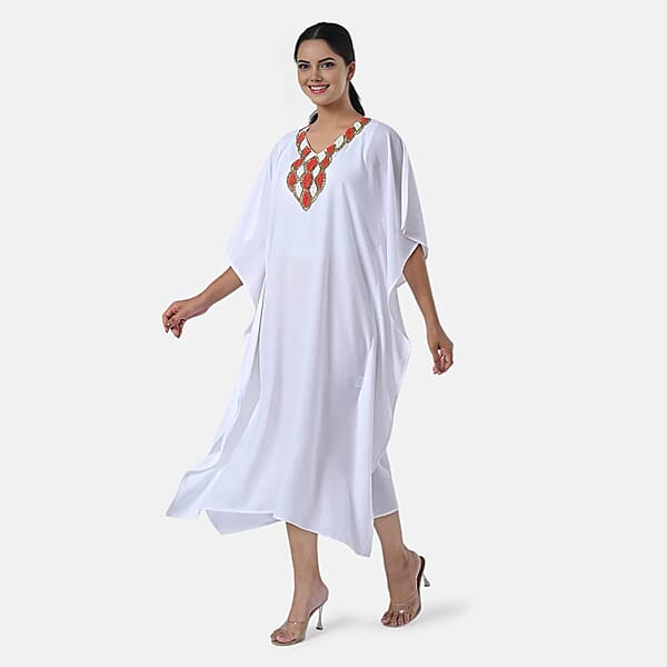 Shop Lc Tamsy White Orange Bead And Crystal Polyester Crepe Kaftan - One Size Fits Most