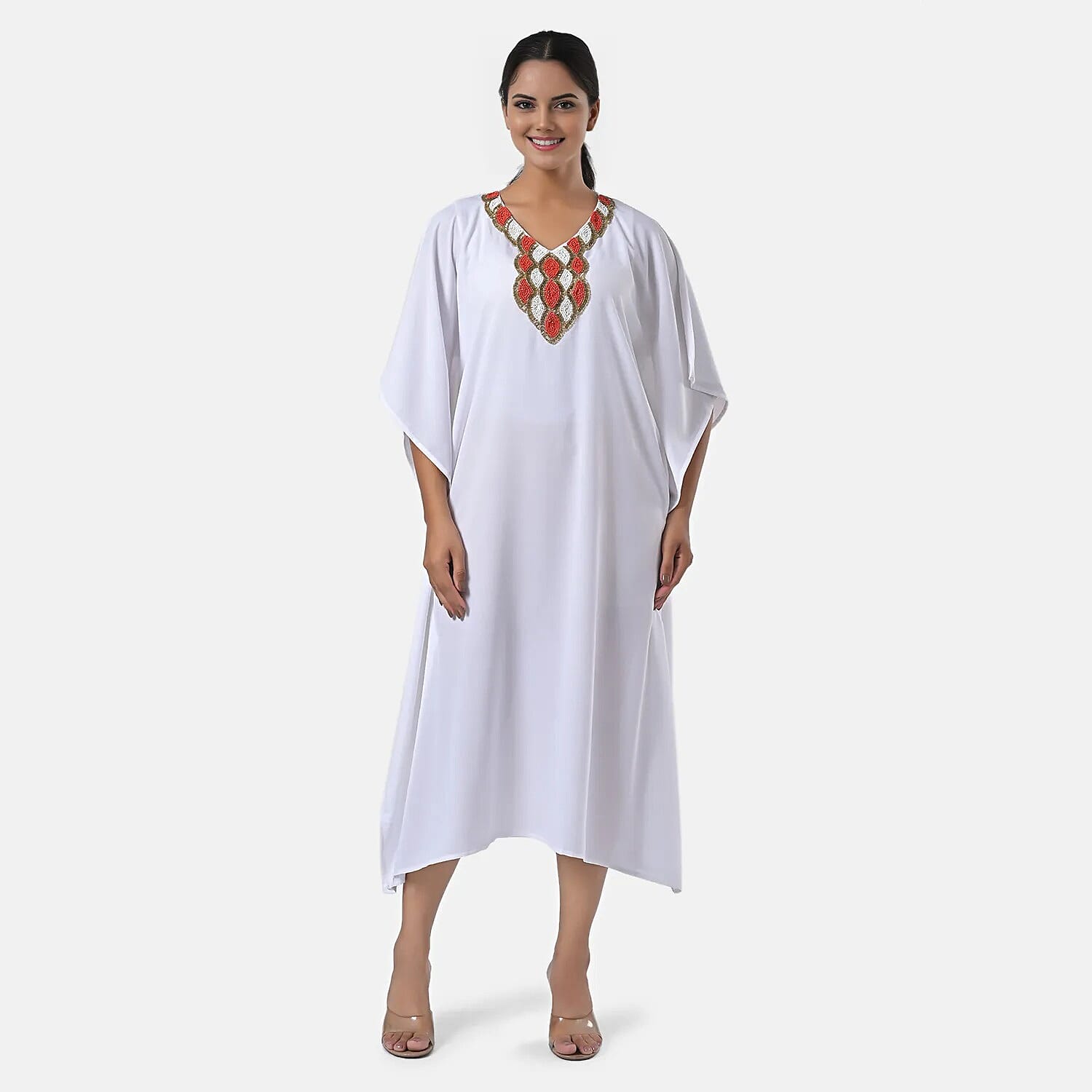 shop lc Tamsy White Orange Bead and Crystal Polyester Crepe Kaftan - One Size Fits Most