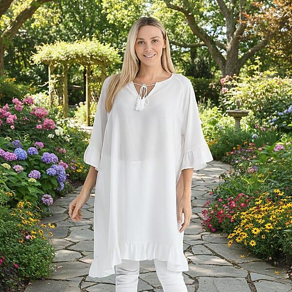 Shop Lc Tamsy White Ruffle Hem Blouse With Tassel Neck Tie - One Size Fits Most