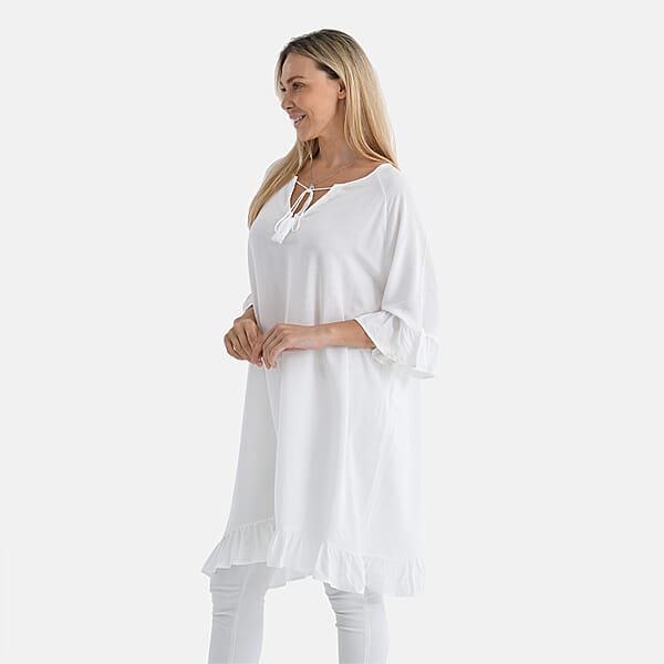 Shop Lc Tamsy White Ruffle Hem Blouse With Tassel Neck Tie - One Size Fits Most