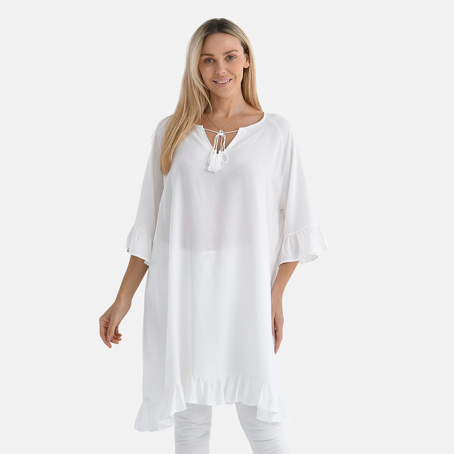 shop lc Tamsy White Ruffle Hem Blouse with Tassel Neck Tie - One Size Fits Most
