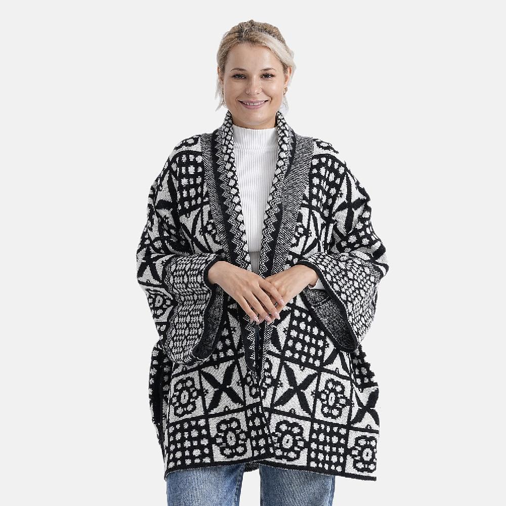 shop lc TAMSY White Tile Double Knit Jacquard Cardigan with Shawl Collar - One Size Fits Most