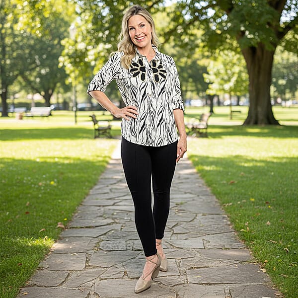 Shop Lc Tamsy White Zebra Crystal Leaf Button-Up Collared Blouse – S/M