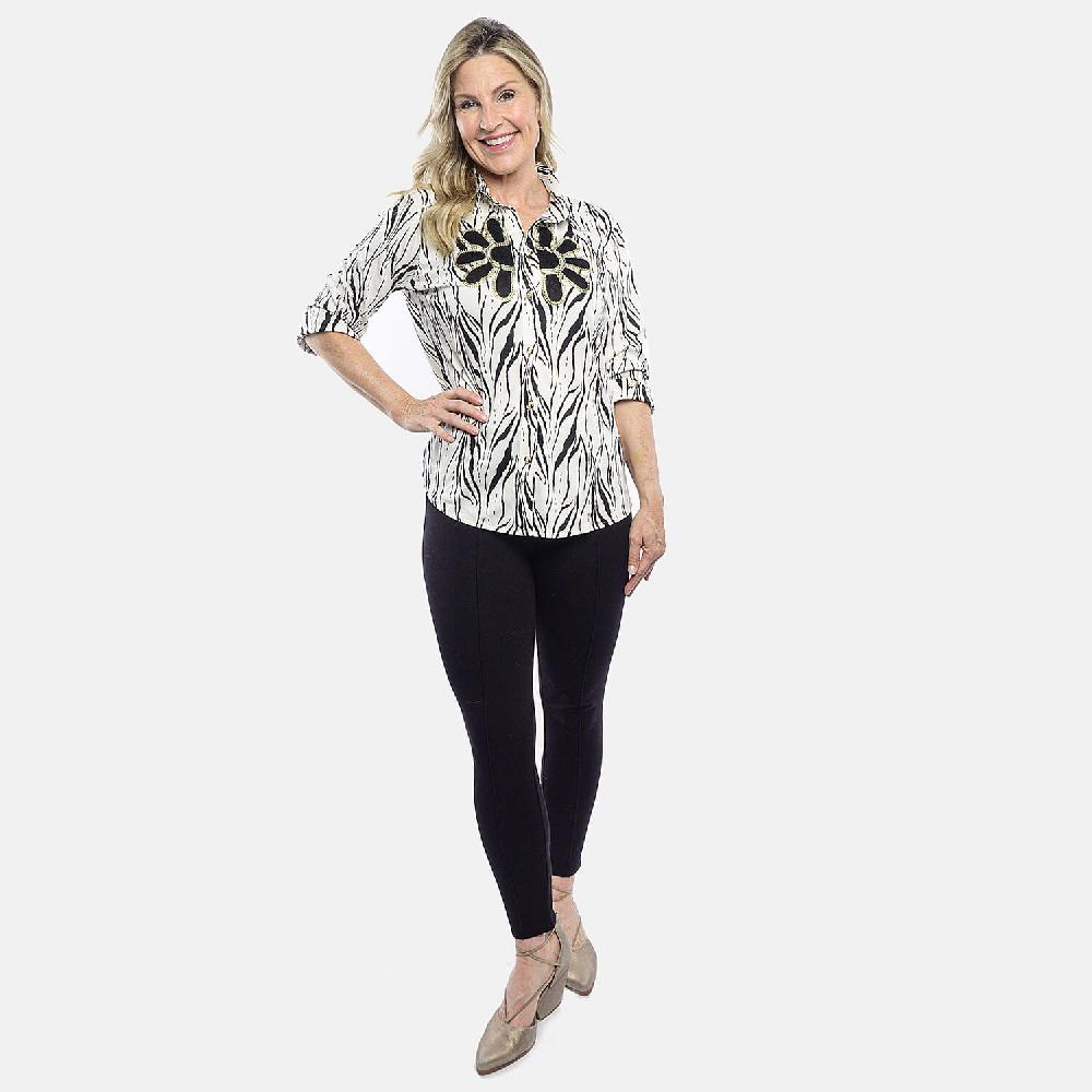 shop lc Tamsy White Zebra Crystal Leaf Button-Up Collared Blouse – S/M