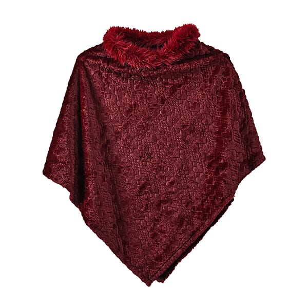 Shop Lc TAMSY Wine Jacquard Poncho With Fur Collar – One Size Fits Most