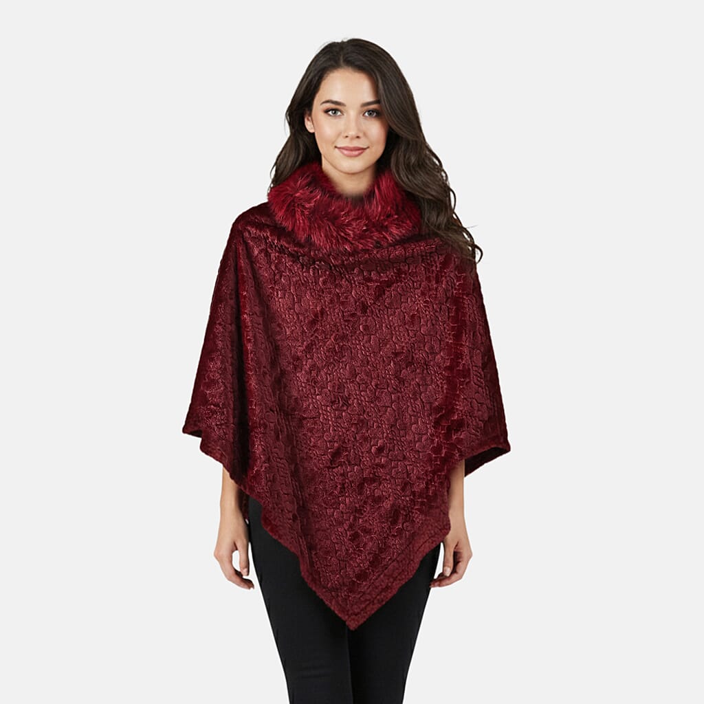 shop lc TAMSY Wine Jacquard Poncho with Fur Collar – One Size Fits Most