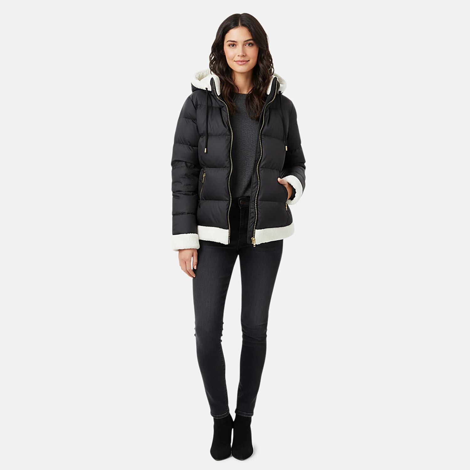 shop lc Tanbrige Black and White Sherpa Trim Puffer Jacket - M