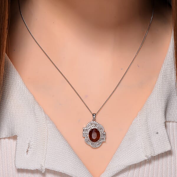 Shop Lc Tangerine Kyanite And Moissanite 5.00 Ctw Swirl Halo Pendant Necklace In Rhodium Over Sterling Silver 20 Inches