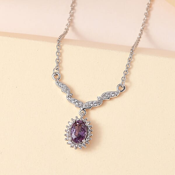 Shop Lc Tanzanian Lavender Spinel And White Zircon 1.15 Ctw Sunburst Necklace 18-20 Inches In Platinum Over Sterling Silver