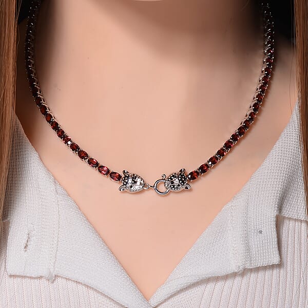 Shop Lc Tanzanian Wine Garnet And Thai Black Spinel 32.80 Ctw Double Leopard Head Necklace In Rhodium Over Sterling Silver 18 Inches