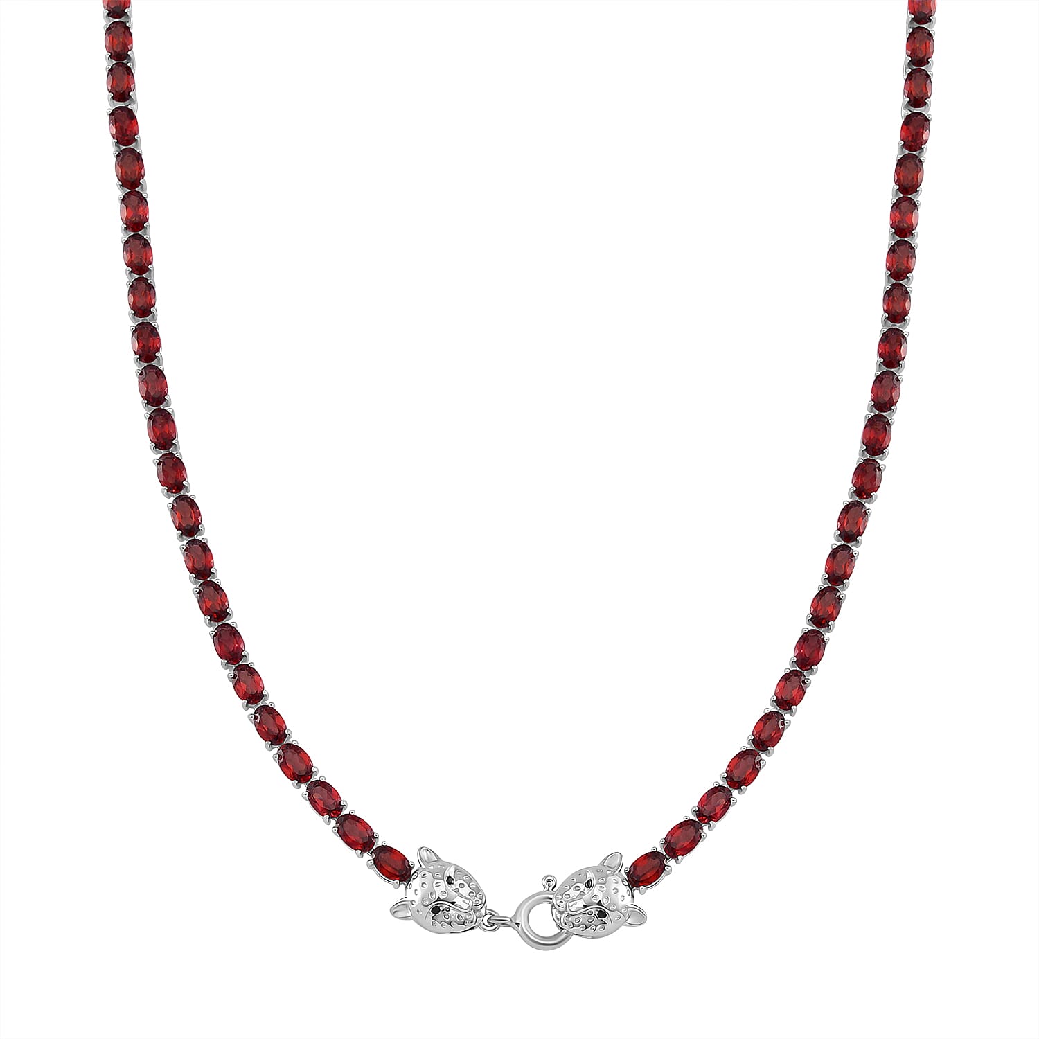 shop lc Tanzanian Wine Garnet and Thai Black Spinel 32.80 ctw Double Leopard Head Necklace in Rhodium Over Sterling Silver 18 Inches