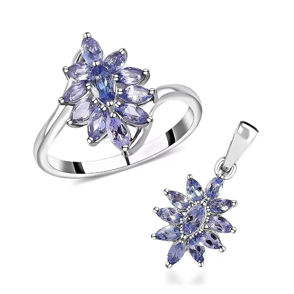 shop lc Tanzanite 2.10 ctw Flower Jewelry Set in Platinum Plated Sterling Silver Tanzanite Flower Ring Tanzanite Flower Pendant without Chain Engagement Gifts For Women