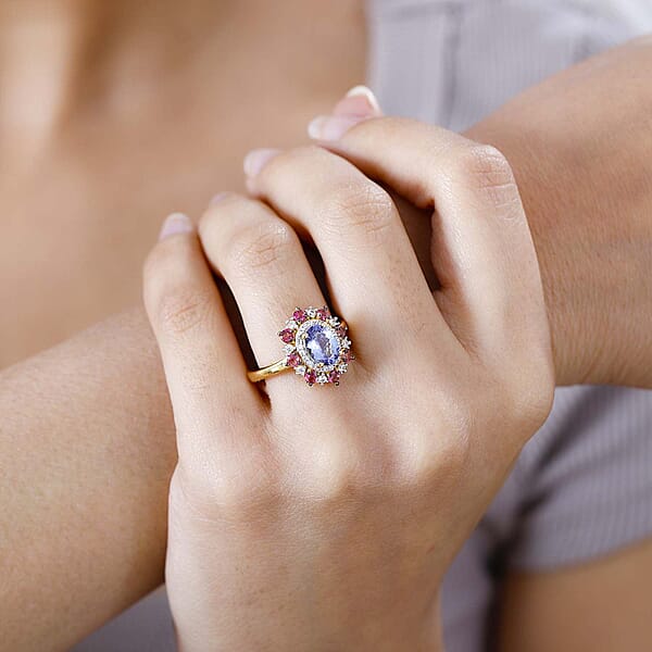 Shop Lc Tanzanite And Multi Gemstone Floral Ring In Vermeil Yellow Gold Over Sterling Silver 2.20 Ctw