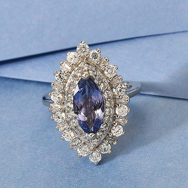 Shop Lc Tanzanite And Natural White Zircon 3.10 Ctw Double Halo Ring In Platinum Over Sterling Silver