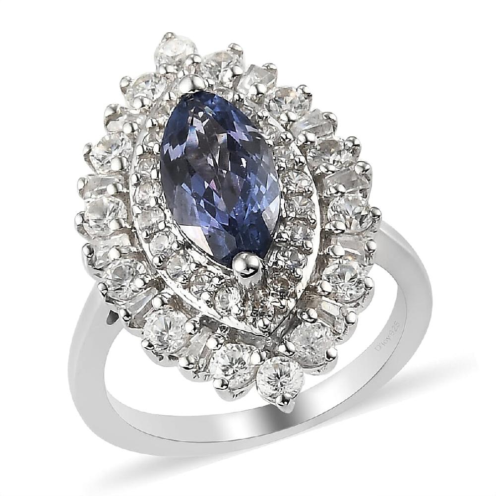 shop lc Tanzanite and Natural White Zircon 3.10 ctw Double Halo Ring in Platinum Over Sterling Silver