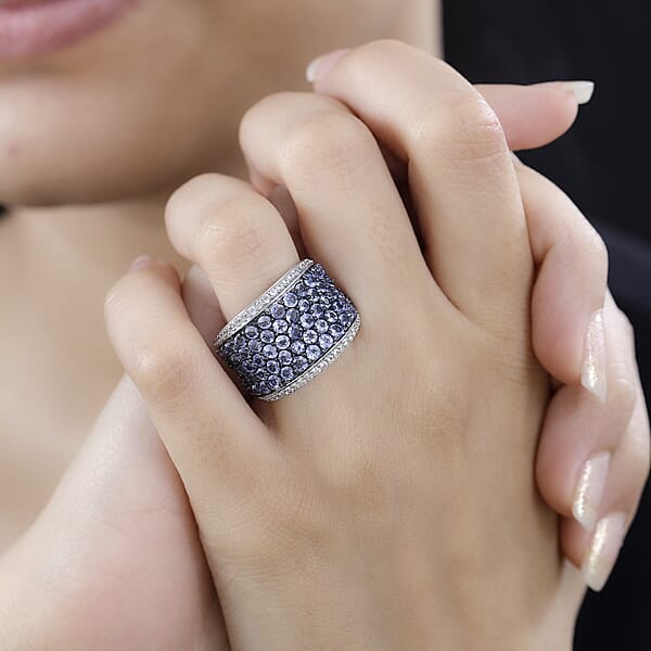 Shop Lc Tanzanite And White Zircon 4.40 Ctw Cluster Ring In Rhodium Over Sterling Silver