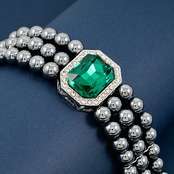 Shop Lc Terahertz 70.00 Ctw Green And White Austrian Crystal 3-Row Beaded Bracelet In Silvertone (6.5-7.5In)