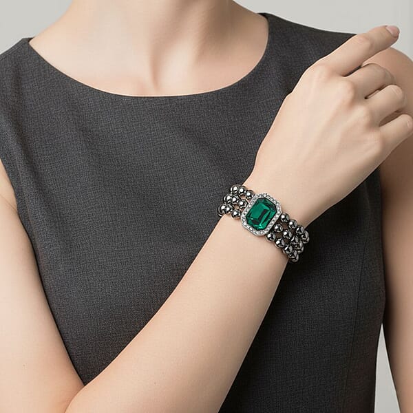 Shop Lc Terahertz 70.00 Ctw Green And White Austrian Crystal 3-Row Beaded Bracelet In Silvertone (6.5-7.5In)