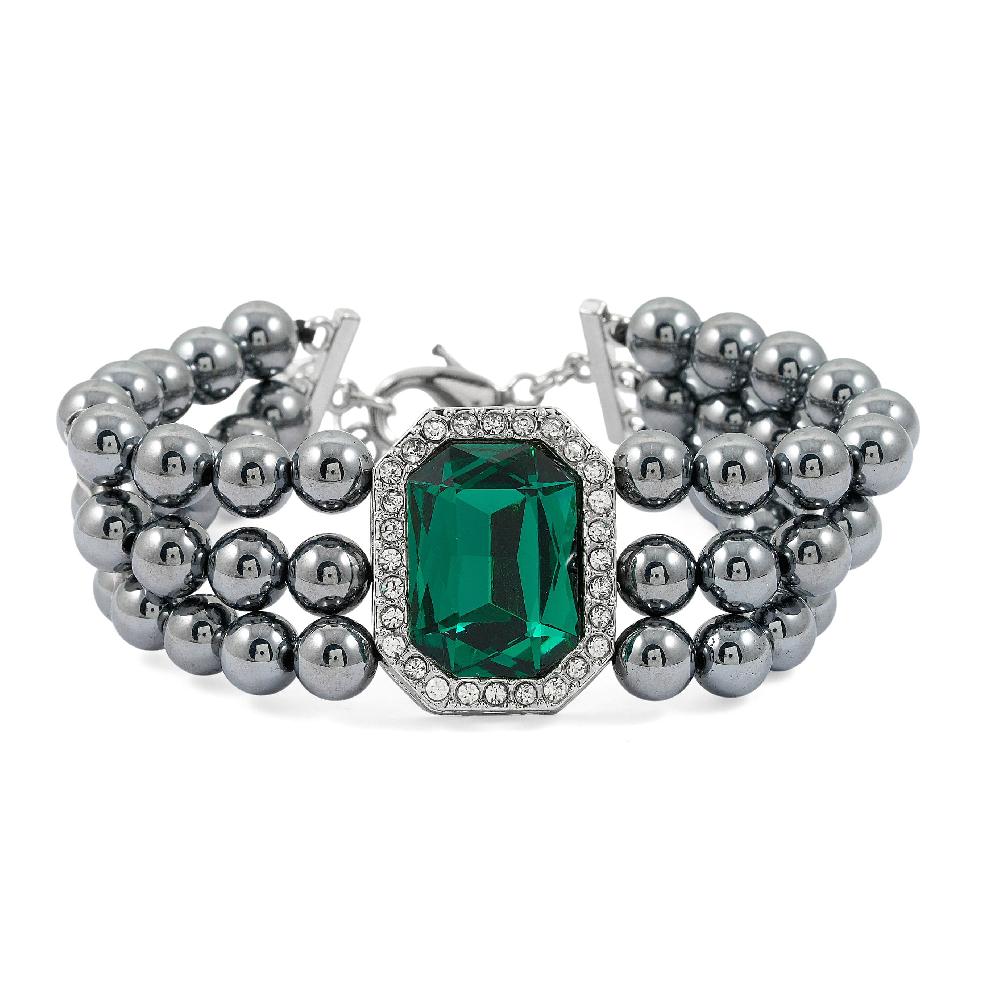 shop lc Terahertz 70.00 ctw Green and White Austrian Crystal 3-Row Beaded Bracelet in Silvertone (6.5-7.5In)