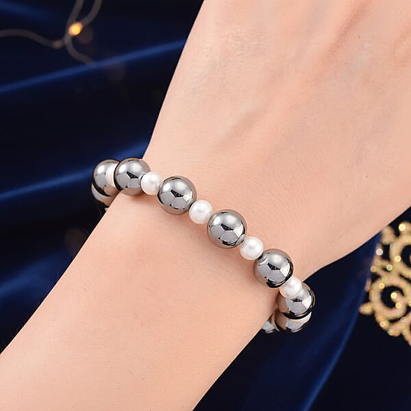 Shop Lc Terahertz 86.00 Ctw Beaded And Freshwater Pearl Stretch Bracelet