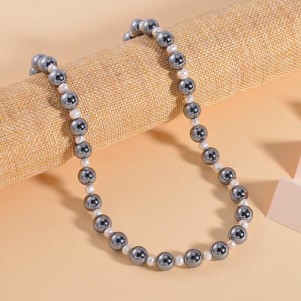 Shop Lc Terahertz And White Freshwater Pearl Beaded Necklace 20 Inches In Rhodium Over Sterling Silver 215.50 Ctw