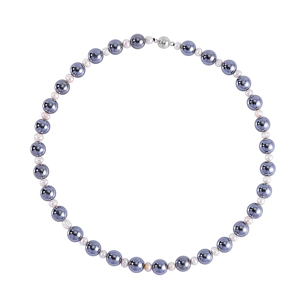 Shop Lc Terahertz And White Freshwater Pearl Beaded Necklace 20 Inches In Rhodium Over Sterling Silver 215.50 Ctw