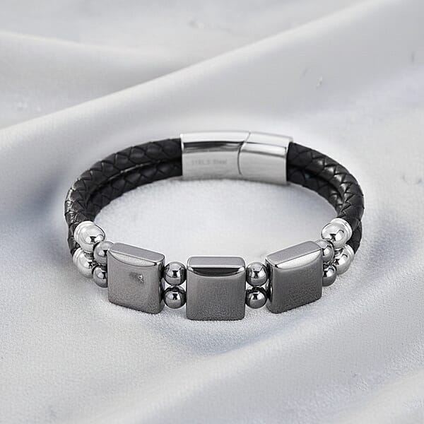Shop Lc Terahertz Beaded Leather Bracelet In Stainless Steel 75.00 Ctw (7.50 Inches)