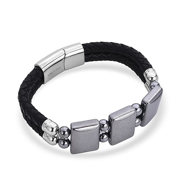 Shop Lc Terahertz Beaded Leather Bracelet In Stainless Steel 75.00 Ctw (7.50 Inches)