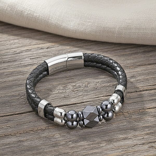 Shop Lc Terahertz Beaded Leather Bracelet In Stainless Steel 75.00 Ctw (7.50 Inches)