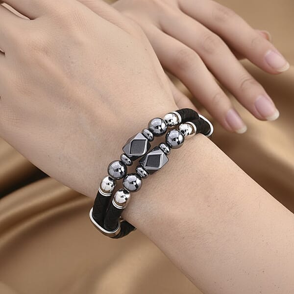 Shop Lc Terahertz Beaded Leather Bracelet In Stainless Steel 75.00 Ctw (7.50 Inches)