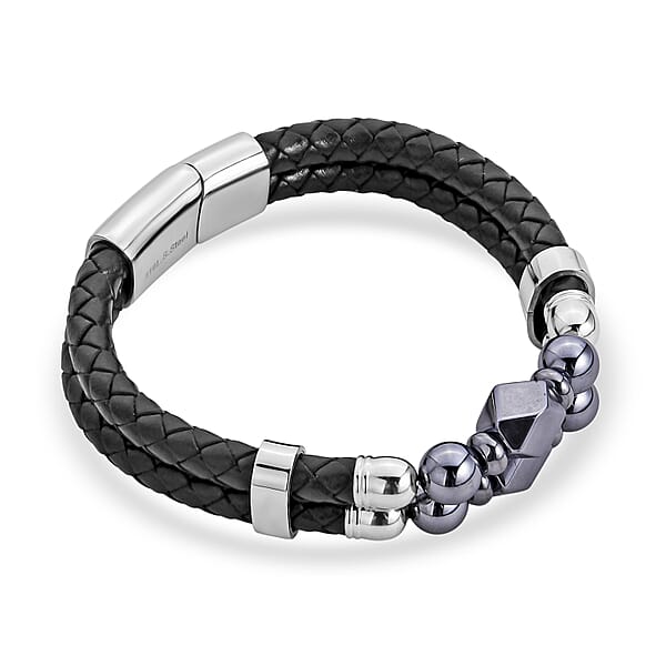 Shop Lc Terahertz Beaded Leather Bracelet In Stainless Steel 75.00 Ctw (7.50 Inches)