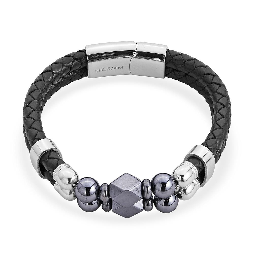 shop lc Terahertz Beaded Leather Bracelet in Stainless Steel 75.00 ctw (7.50 Inches)