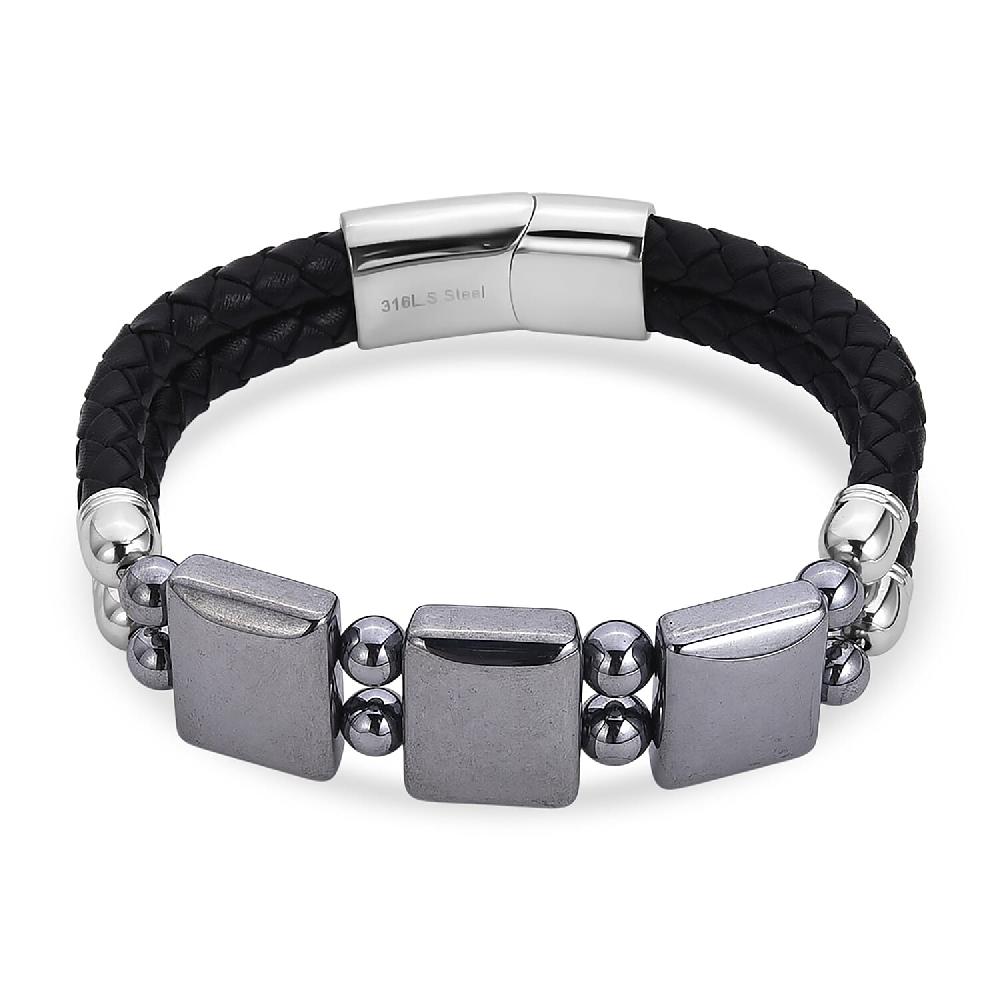shop lc Terahertz Beaded Leather Bracelet in Stainless Steel 75.00 ctw (7.50 Inches)