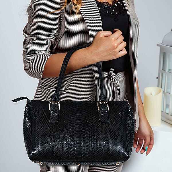 Shop Lc The Grand Pelle Black 100% Genuine Python Leather Handbag