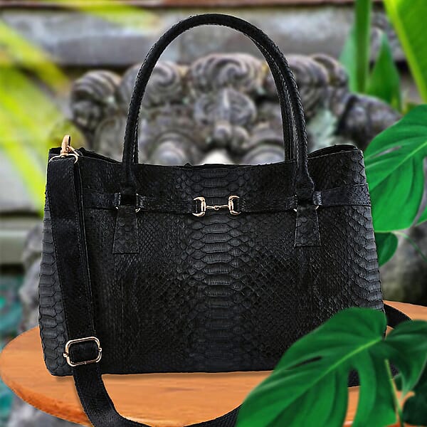 Shop Lc The Grand Pelle Black 100% Genuine Python Leather Tote Bag