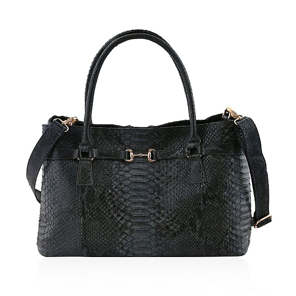 Shop Lc The Grand Pelle Black 100% Genuine Python Leather Tote Bag