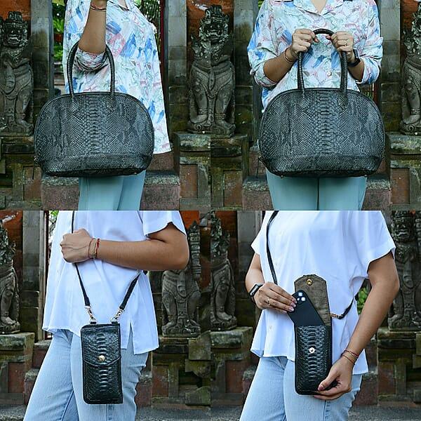 Shop Lc The Grand Pelle Black Color 100% Genuine Python Leather Tote Bag And Cell Phone Bag
