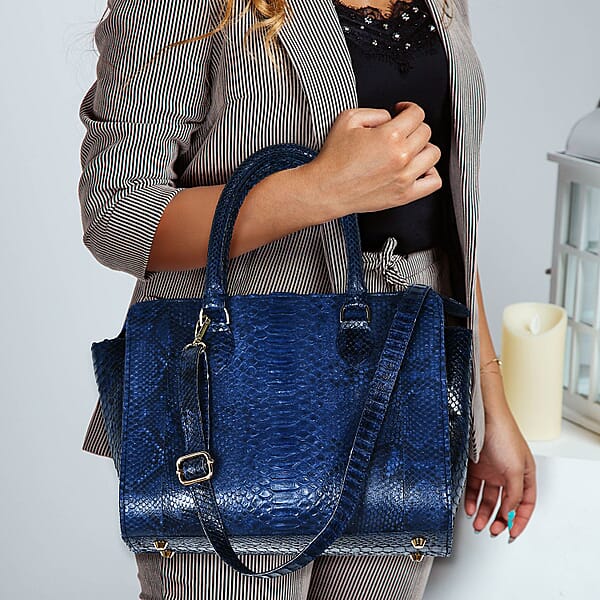 Shop Lc The Pelle Collection Blue 100% Genuine Python Leather Tote Bag For Women Satchel Purse Shoulder Handbag Designer Tote Bag