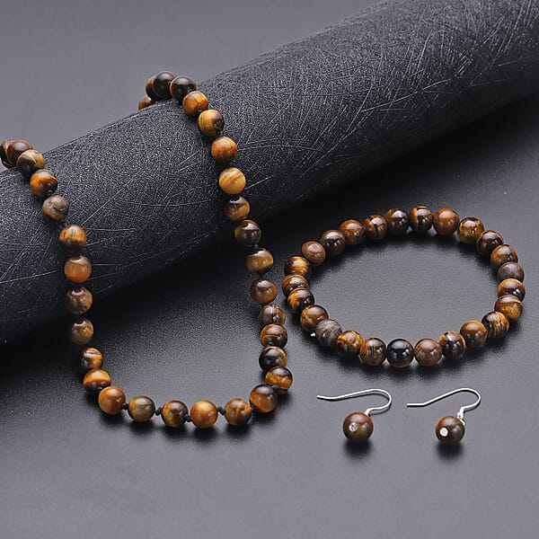 Shop Lc Tiger's Eye 281.50 Ctw Beaded Stretch Bracelet Earrings And Necklace Set In Sterling Silver (18.00 In)