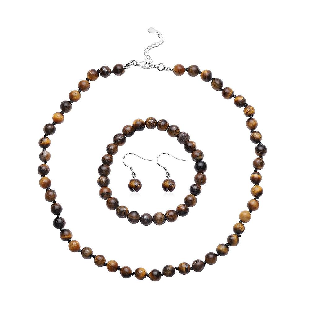 shop lc Tiger's Eye 281.50 ctw Beaded Stretch Bracelet Earrings and Necklace Set in Sterling Silver (18.00 In)