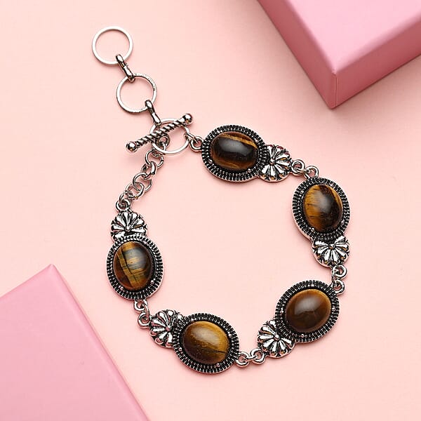 Shop Lc Tiger's Eye 42.00 Ctw Toggle Clasp Bracelet In Black Oxidized Silvertone (8.00 In)