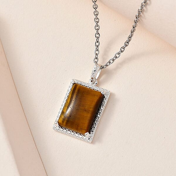 Shop Lc Tiger's Eye 7.90 Ctw Solitaire Pendant In Sterling Silver With Stainless Steel Necklace 20 Inches
