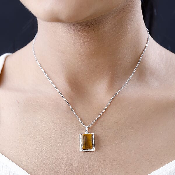Shop Lc Tiger's Eye 7.90 Ctw Solitaire Pendant In Sterling Silver With Stainless Steel Necklace 20 Inches