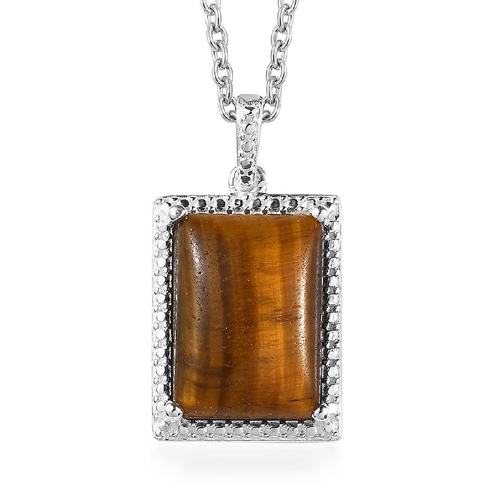 shop lc Tiger's Eye 7.90 ctw Solitaire Pendant in Sterling Silver with Stainless Steel Necklace 20 Inches
