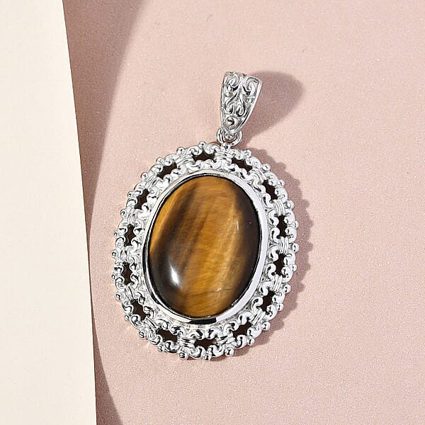 Shop Lc Tiger's Eye Solitaire Pendant Without Chain In Platinum Over Copper With Magnet 15.75 Ctw