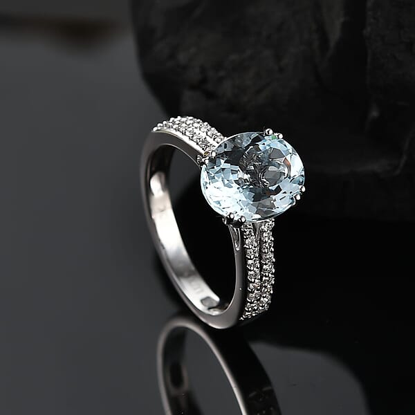 Shop Lc TLV Luxoro 10K White Gold Premium Mangoro Aquamarine Diamond (G-H I2) (0.30 Cts) Ring 3.50 Ctw