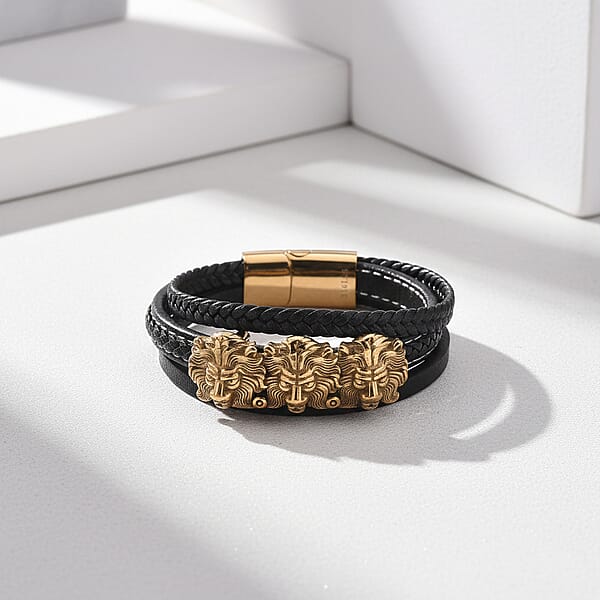 Shop Lc Triple Lion Head Microfiber Leather Bracelet In ION Plated YG Stainless Steel (8.00 In)